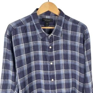 Bloomingdales Linen Plaid Button Up Shirt Mens XXL Blue Long Sleeve Preppy